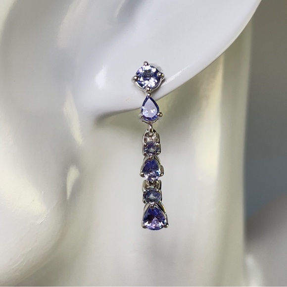 925 Silver Round and Pear Shaped December Birthstone Tanzanite Dangle Earrings - Picture 4 of 17